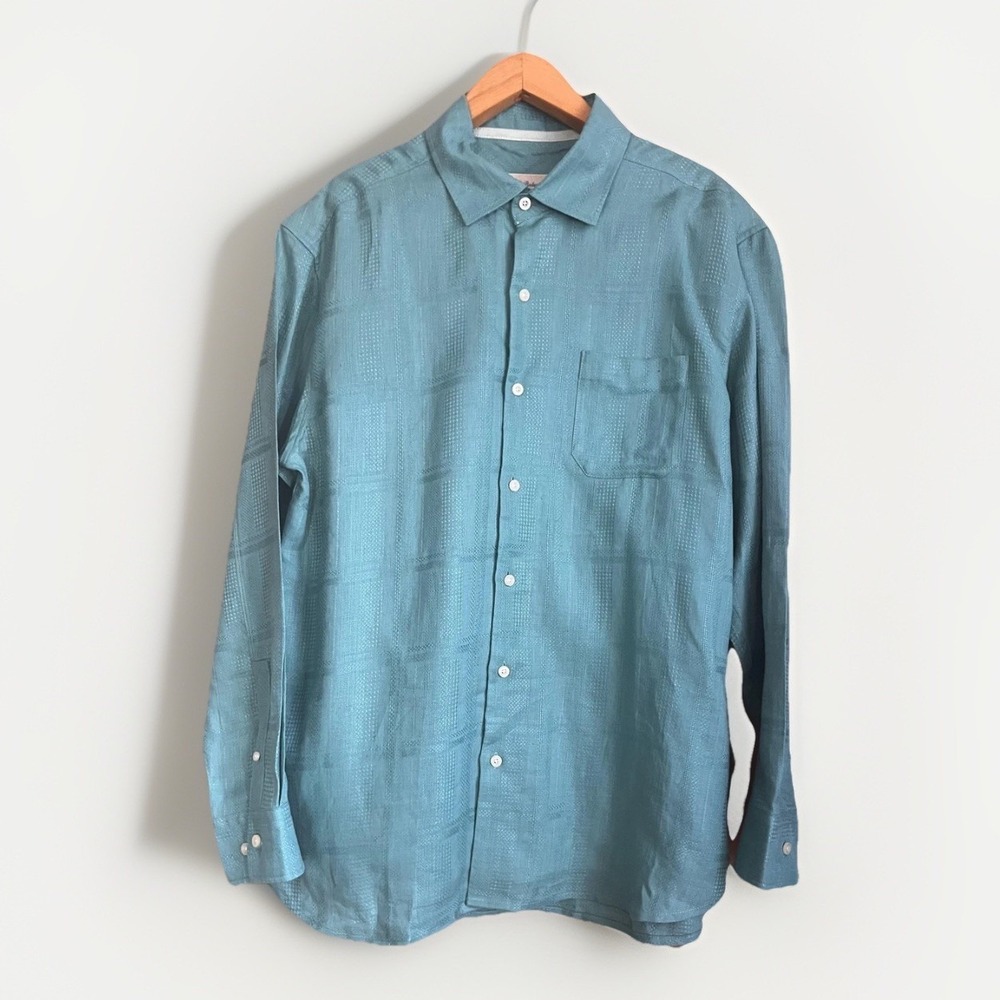 Tommy Bahama Shirt Mens Large Green Linen Check Button Up Long Sleeve Casual